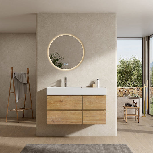 Mobile bagno sospeso 100 cm Bruno Medio Lavabo a Sinistra in Resina Specchio Tondo Retroilluminato - Fiji Wood