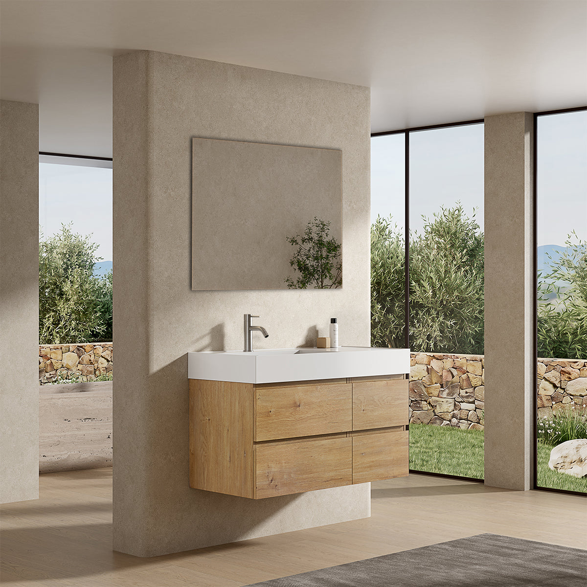 Mobile bagno sospeso 100 cm Bruno Medio Lavabo a Sinistra in Resina Specchio Quadro - Fiji Wood