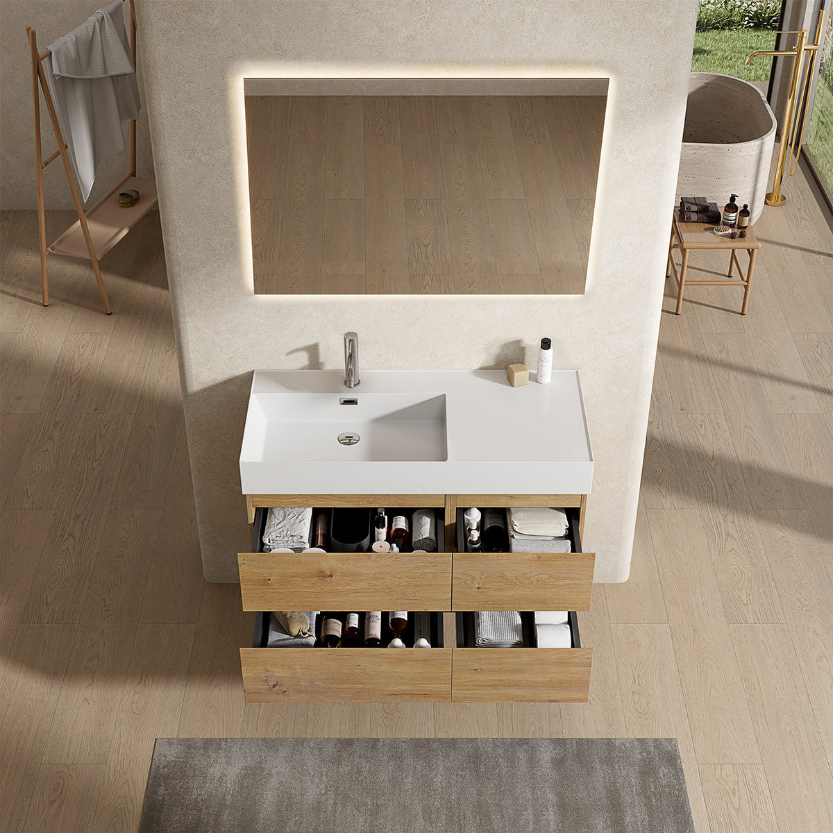 Mobile bagno sospeso 100 cm Bruno Medio Lavabo a Sinistra in Resina Specchio Quadro Retroilluminato - Fiji Wood