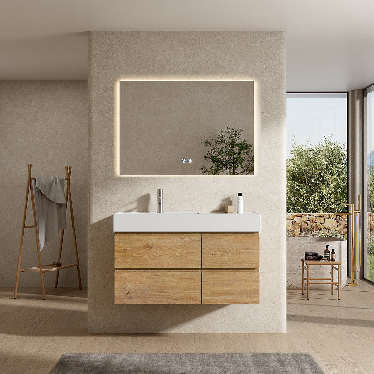 Mobile bagno sospeso 100 cm Bruno Medio Lavabo a Sinistra in Resina Specchio Quadro Retroilluminato - Fiji Wood