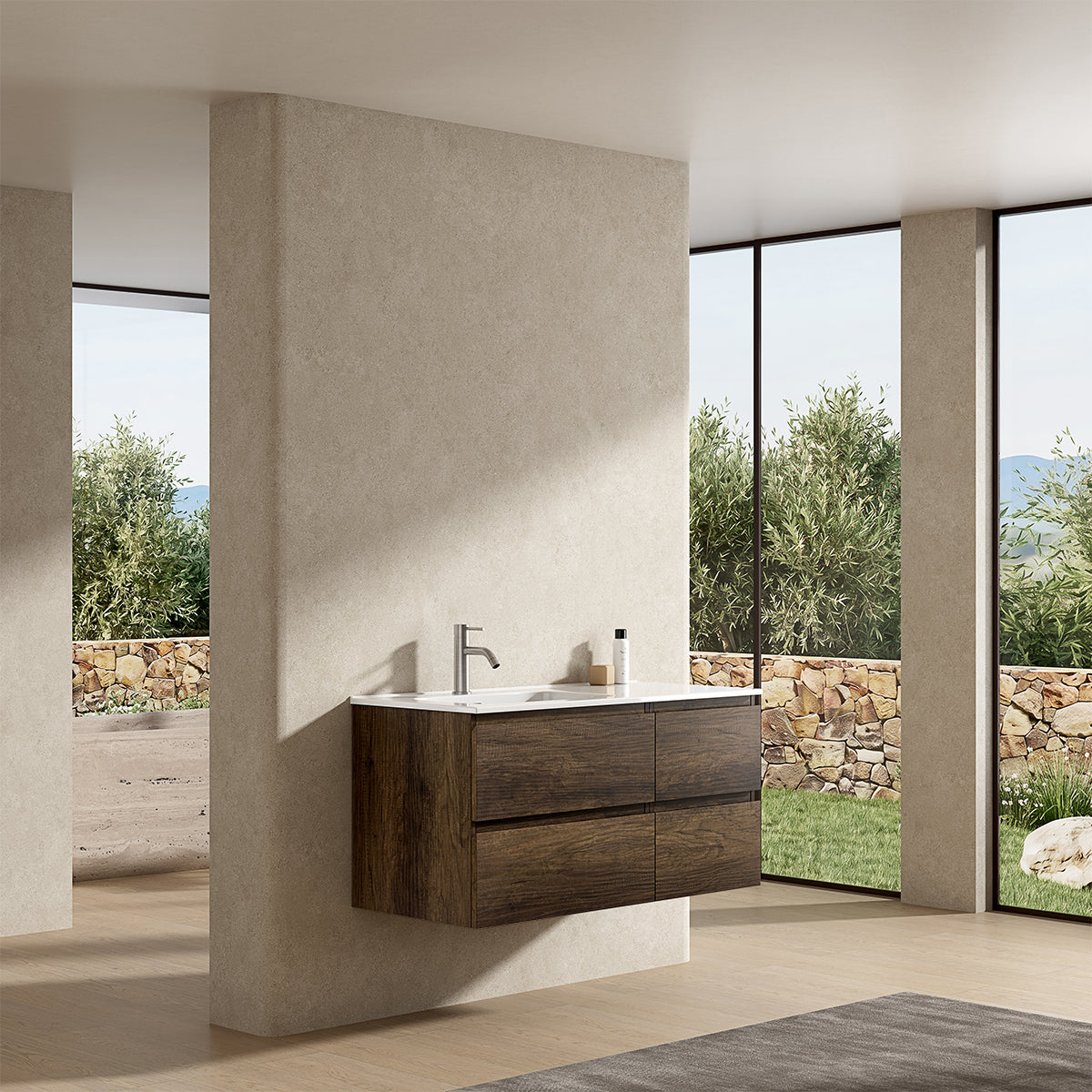 Mobile bagno sospeso 100 cm Bruno Scuro Lavabo a Sinistra in Ceramica Senza Specchio - Fiji Wood