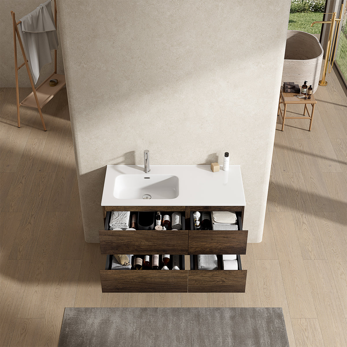 Mobile bagno sospeso 100 cm Bruno Scuro Lavabo a Sinistra in Ceramica Senza Specchio - Fiji Wood
