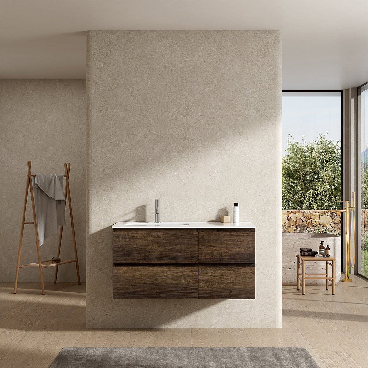 Mobile bagno sospeso 100 cm Bruno Scuro Lavabo a Sinistra in Ceramica Senza Specchio - Fiji Wood