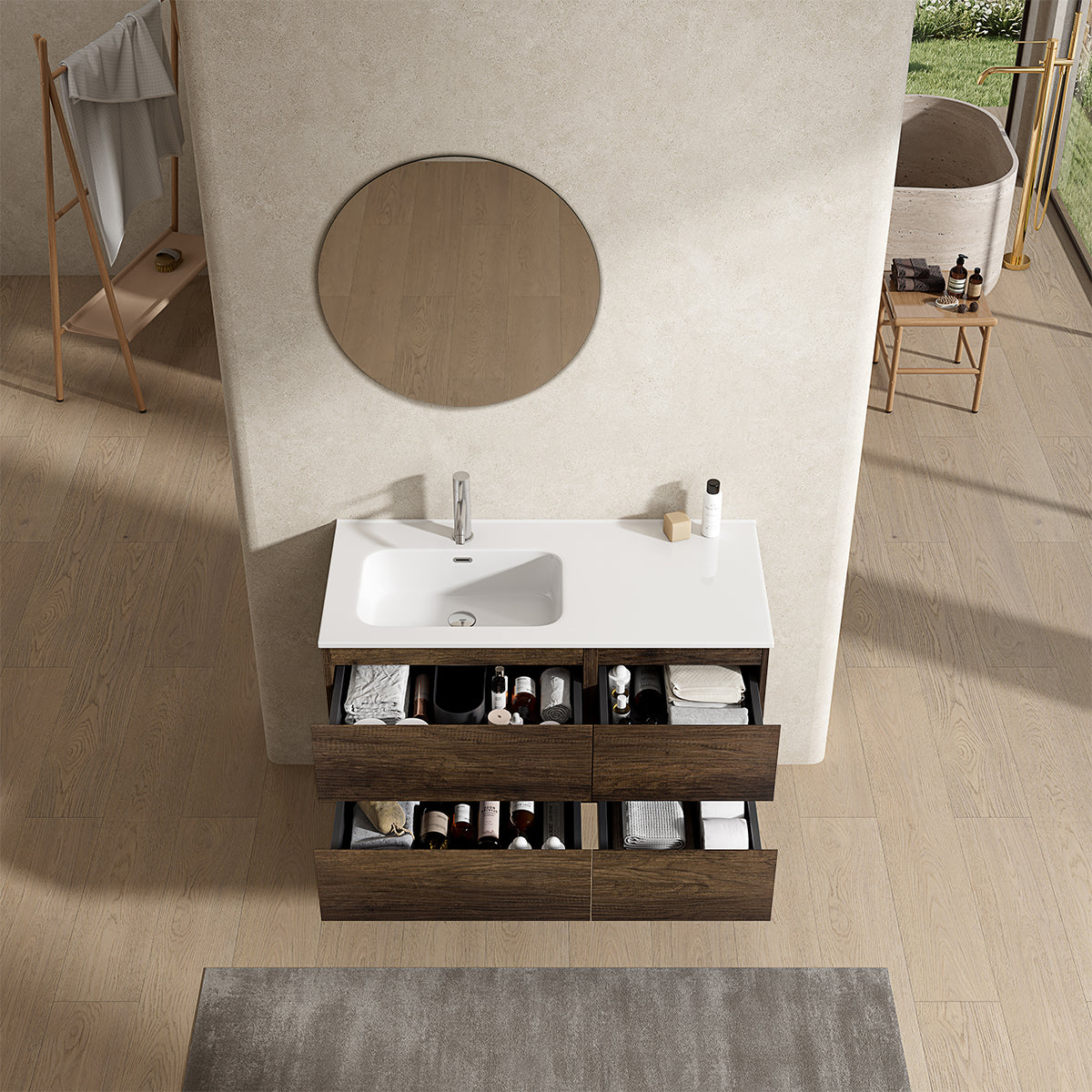 Mobile bagno sospeso 100 cm Bruno Scuro Lavabo a Sinistra in Ceramica Specchio Tondo - Fiji Wood