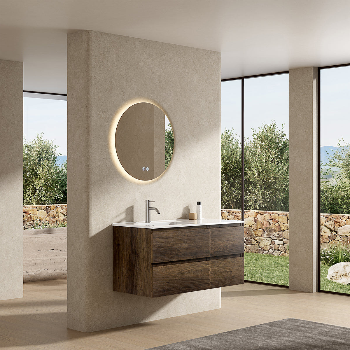 Mobile bagno sospeso 100 cm Bruno Scuro Lavabo a Sinistra in Ceramica Specchio Tondo Retroilluminato - Fiji Wood
