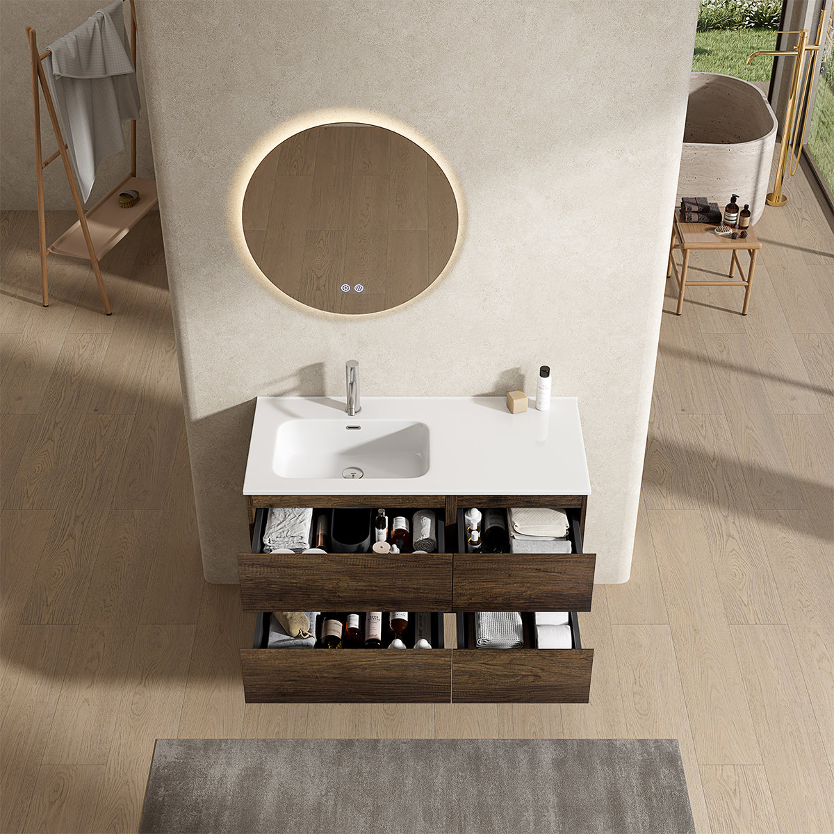 Mobile bagno sospeso 100 cm Bruno Scuro Lavabo a Sinistra in Ceramica Specchio Tondo Retroilluminato - Fiji Wood