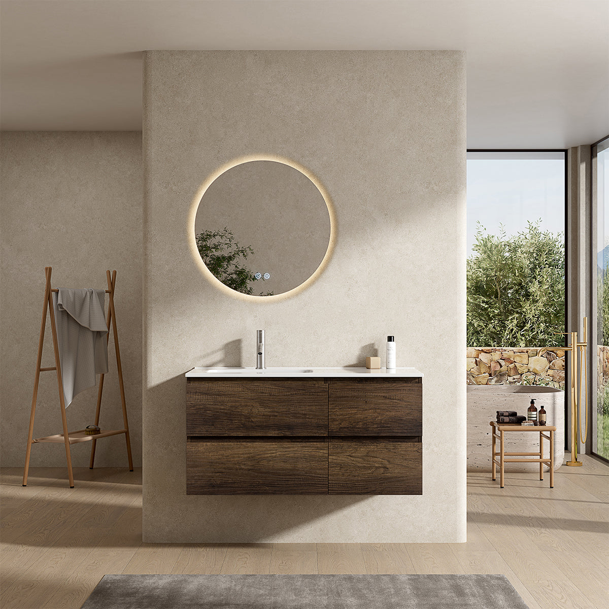 Mobile bagno sospeso 100 cm Bruno Scuro Lavabo a Sinistra in Ceramica Specchio Tondo Retroilluminato - Fiji Wood