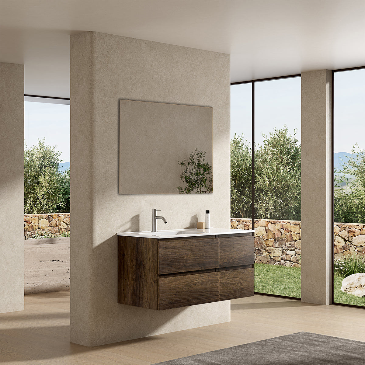 Mobile bagno sospeso 100 cm Bruno Scuro Lavabo a Sinistra in Ceramica Specchio Quadro - Fiji Wood