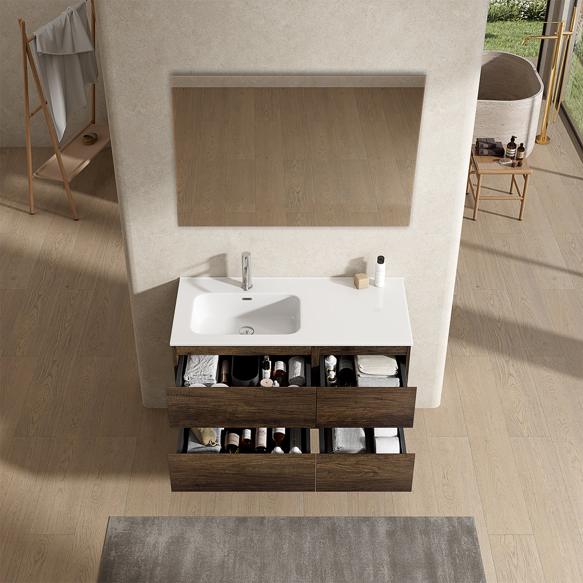 Mobile bagno sospeso 100 cm Bruno Scuro Lavabo a Sinistra in Ceramica Specchio Quadro - Fiji Wood