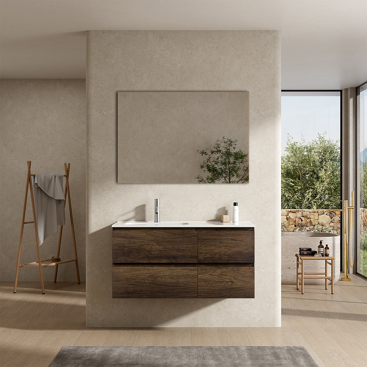 Mobile bagno sospeso 100 cm Bruno Scuro Lavabo a Sinistra in Ceramica Specchio Quadro - Fiji Wood