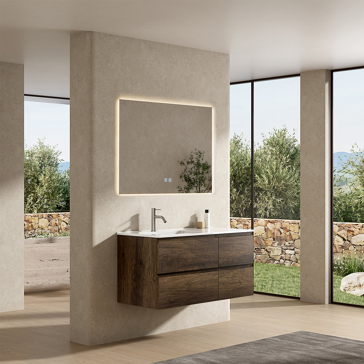 Mobile bagno sospeso 100 cm Bruno Scuro Lavabo a Sinistra in Ceramica Specchio Quadro Retroilluminato - Fiji Wood