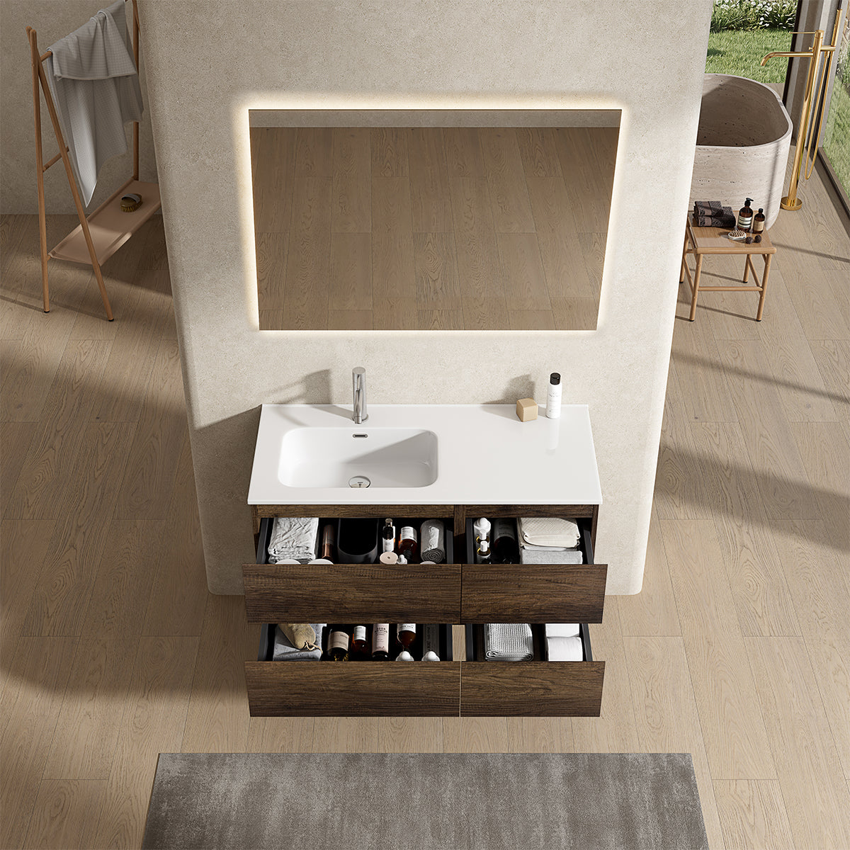 Mobile bagno sospeso 100 cm Bruno Scuro Lavabo a Sinistra in Ceramica Specchio Quadro Retroilluminato - Fiji Wood