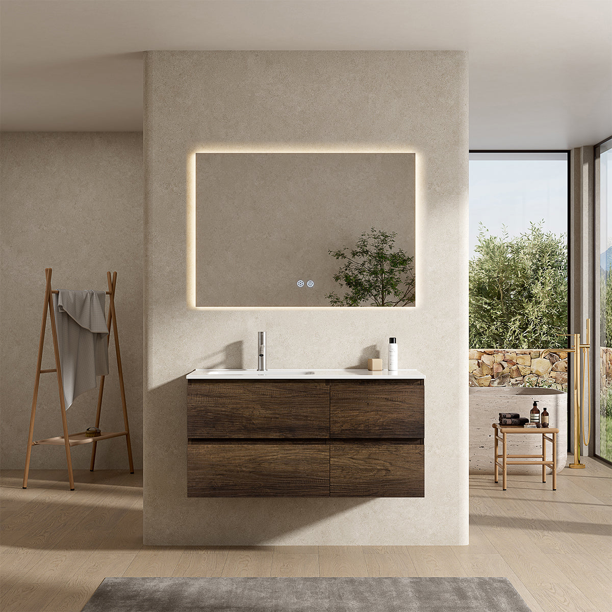 Mobile bagno sospeso 100 cm Bruno Scuro Lavabo a Sinistra in Ceramica Specchio Quadro Retroilluminato - Fiji Wood