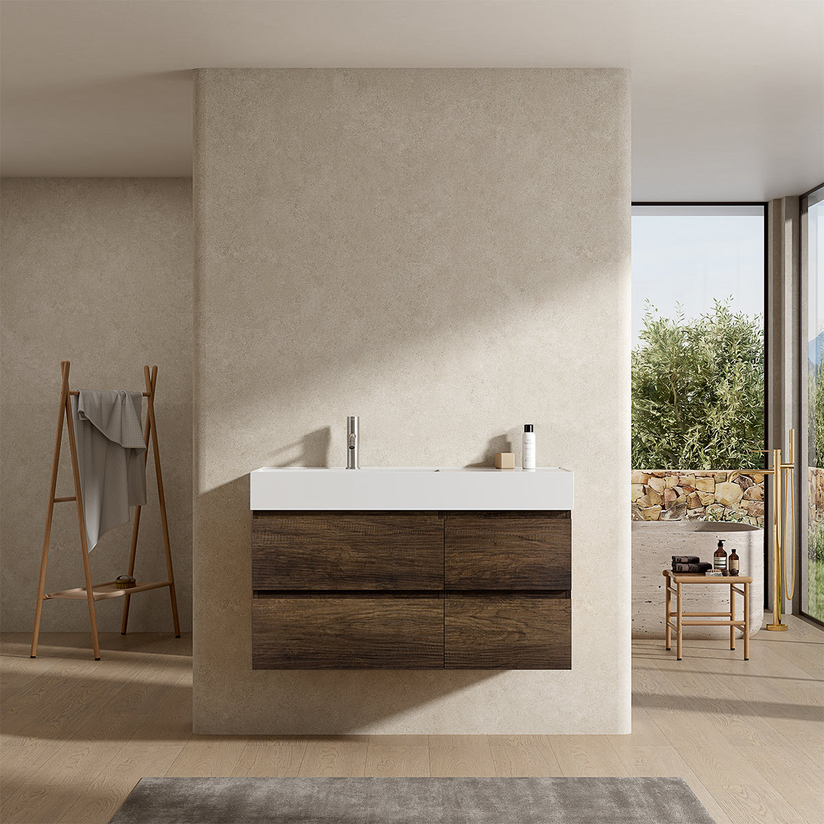 Mobile bagno sospeso 100 cm Bruno Scuro Lavabo a Sinistra in Resina Senza Specchio - Fiji Wood