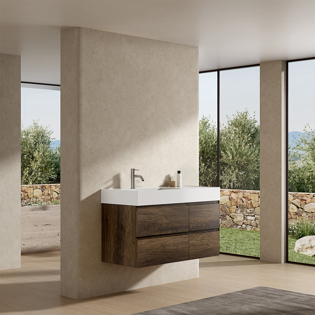 Mobile bagno sospeso 100 cm Bruno Scuro Lavabo a Sinistra in Resina Senza Specchio - Fiji Wood