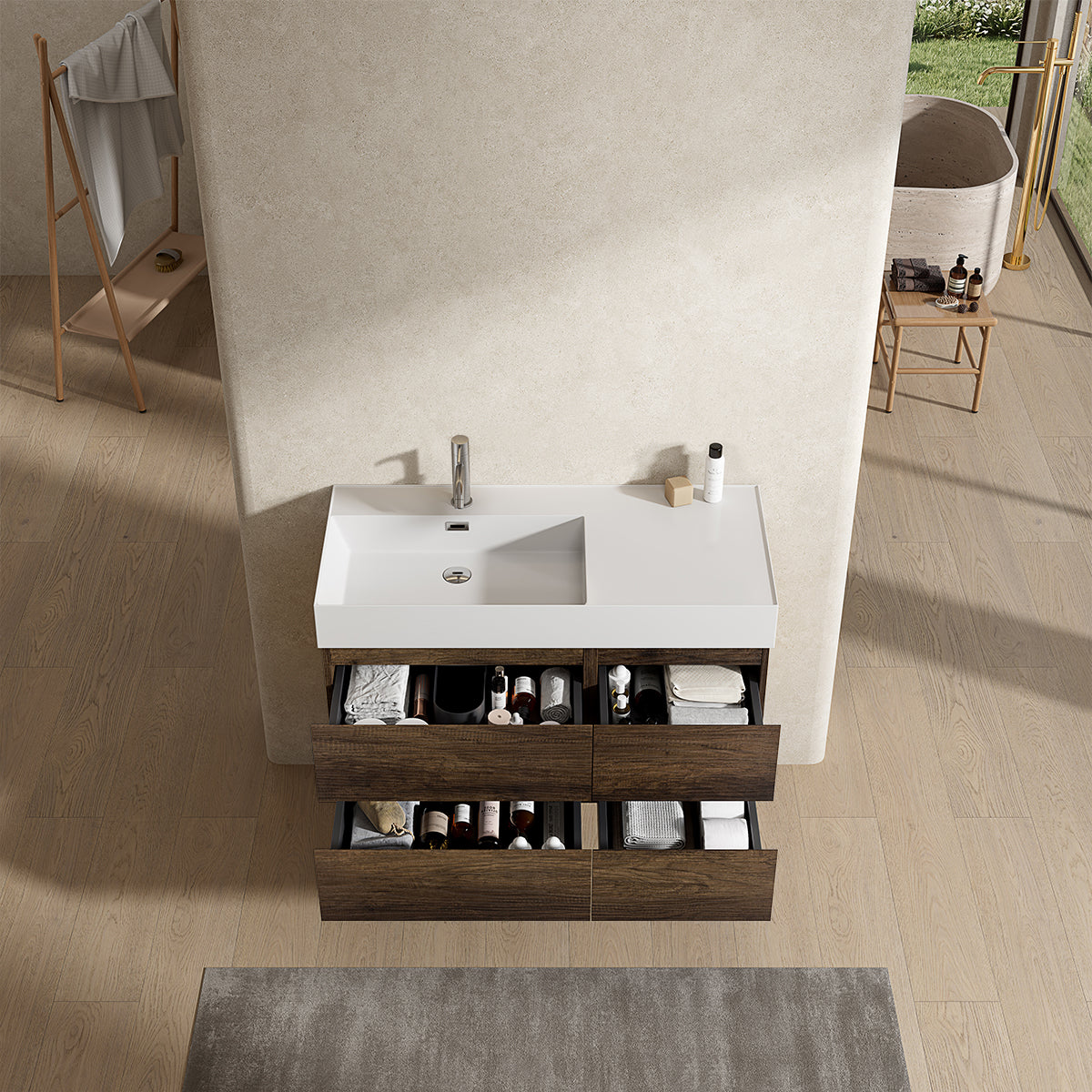 Mobile bagno sospeso 100 cm Bruno Scuro Lavabo a Sinistra in Resina Senza Specchio - Fiji Wood