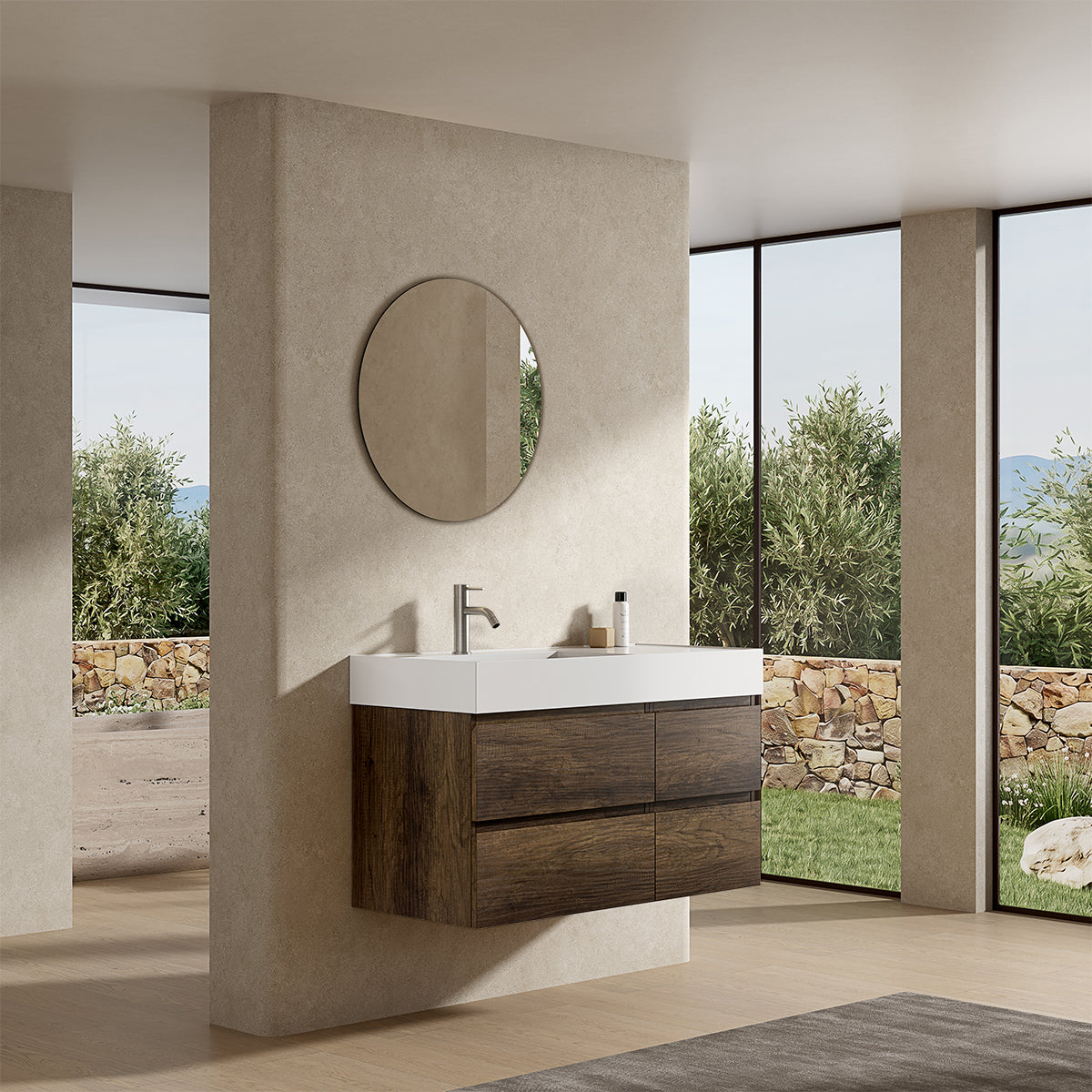 Mobile bagno sospeso 100 cm Bruno Scuro Lavabo a Sinistra in Resina Specchio Tondo - Fiji Wood
