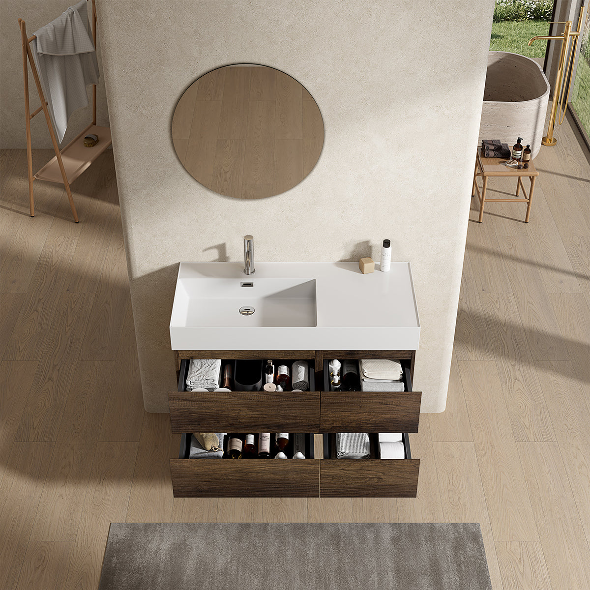 Mobile bagno sospeso 100 cm Bruno Scuro Lavabo a Sinistra in Resina Specchio Tondo - Fiji Wood