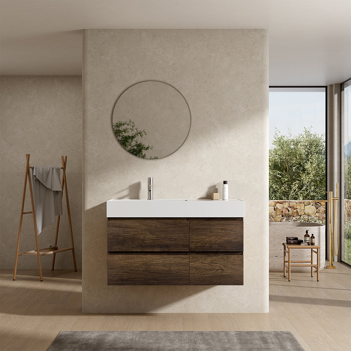 Mobile bagno sospeso 100 cm Bruno Scuro Lavabo a Sinistra in Resina Specchio Tondo - Fiji Wood