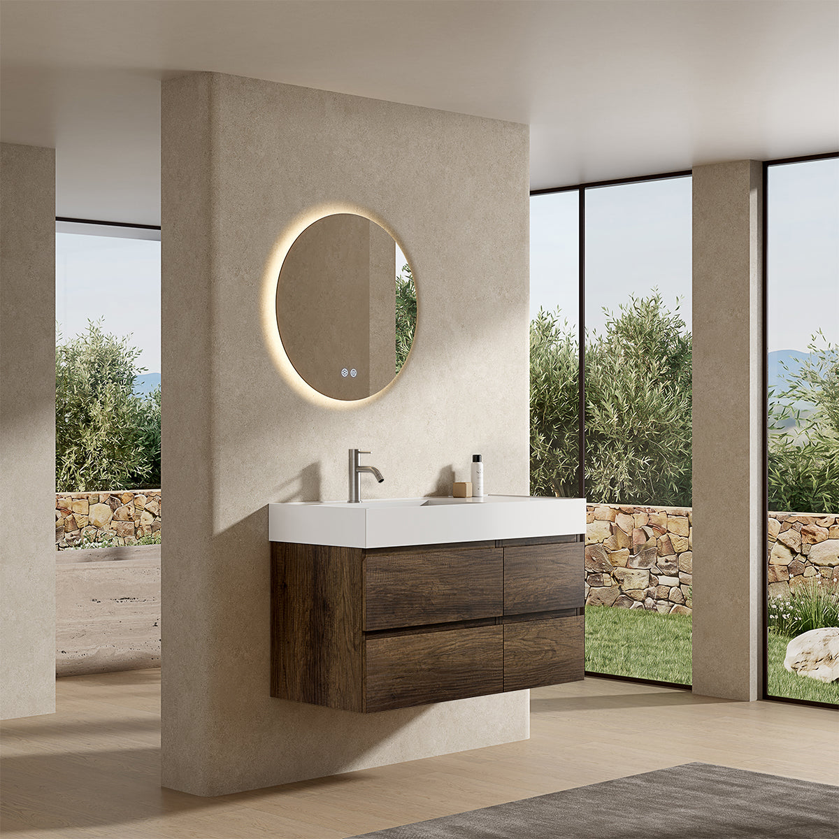 Mobile bagno sospeso 100 cm Bruno Scuro Lavabo a Sinistra in Resina Specchio Tondo Retroilluminato - Fiji Wood