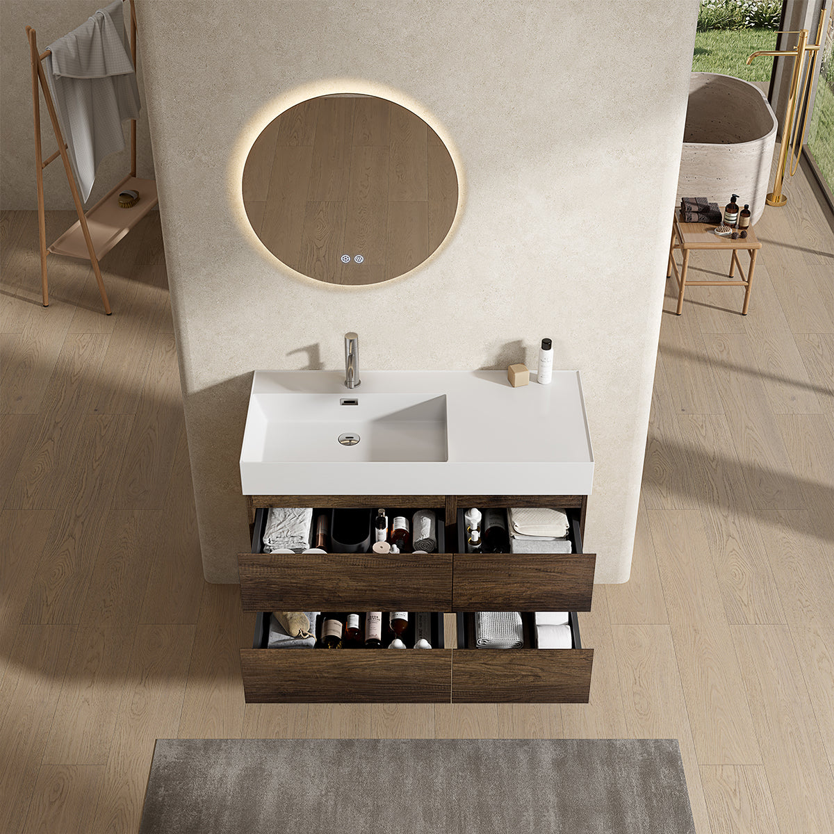 Mobile bagno sospeso 100 cm Bruno Scuro Lavabo a Sinistra in Resina Specchio Tondo Retroilluminato - Fiji Wood
