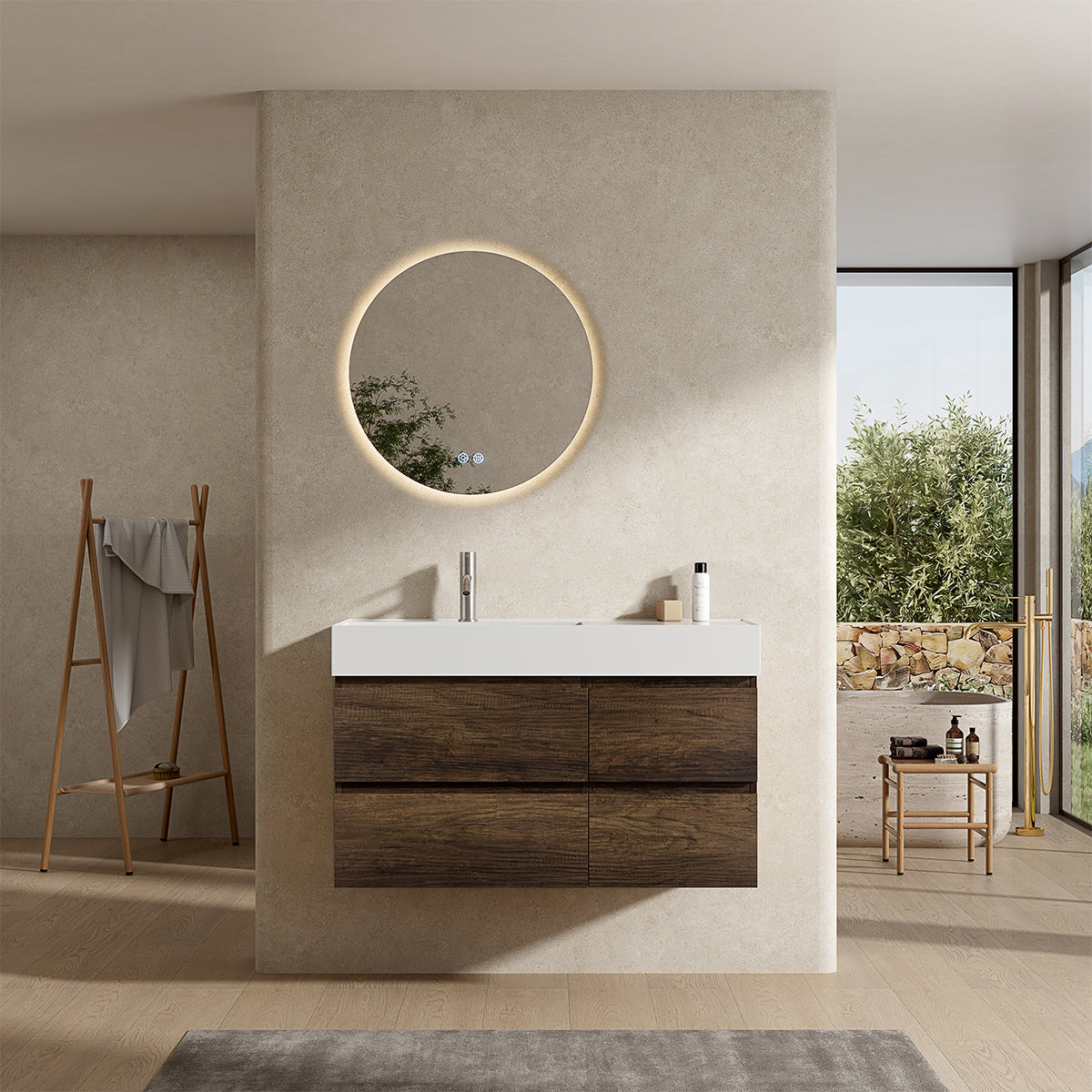 Mobile bagno sospeso 100 cm Bruno Scuro Lavabo a Sinistra in Resina Specchio Tondo Retroilluminato - Fiji Wood