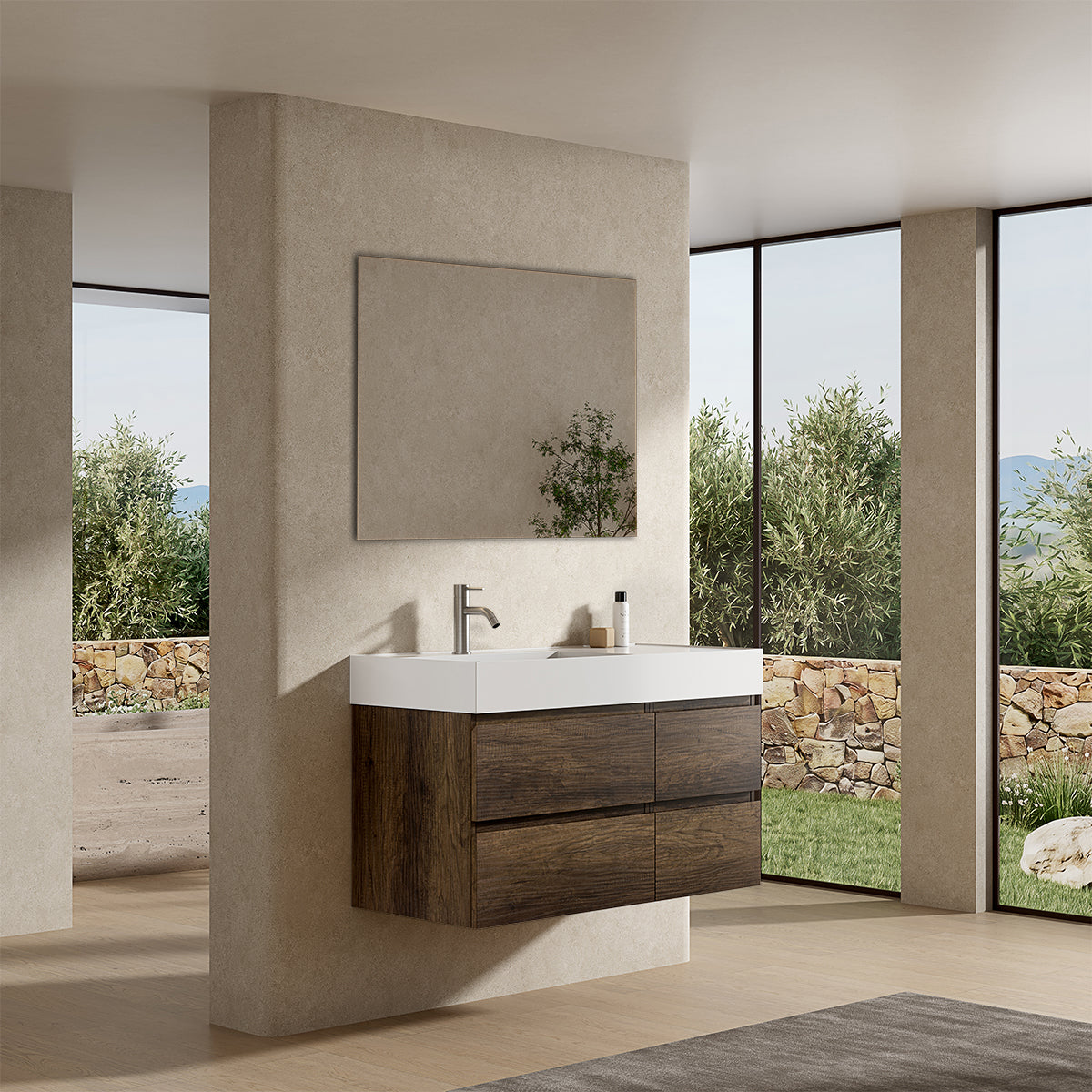 Mobile bagno sospeso 100 cm Bruno Scuro Lavabo a Sinistra in Resina Specchio Quadro - Fiji Wood