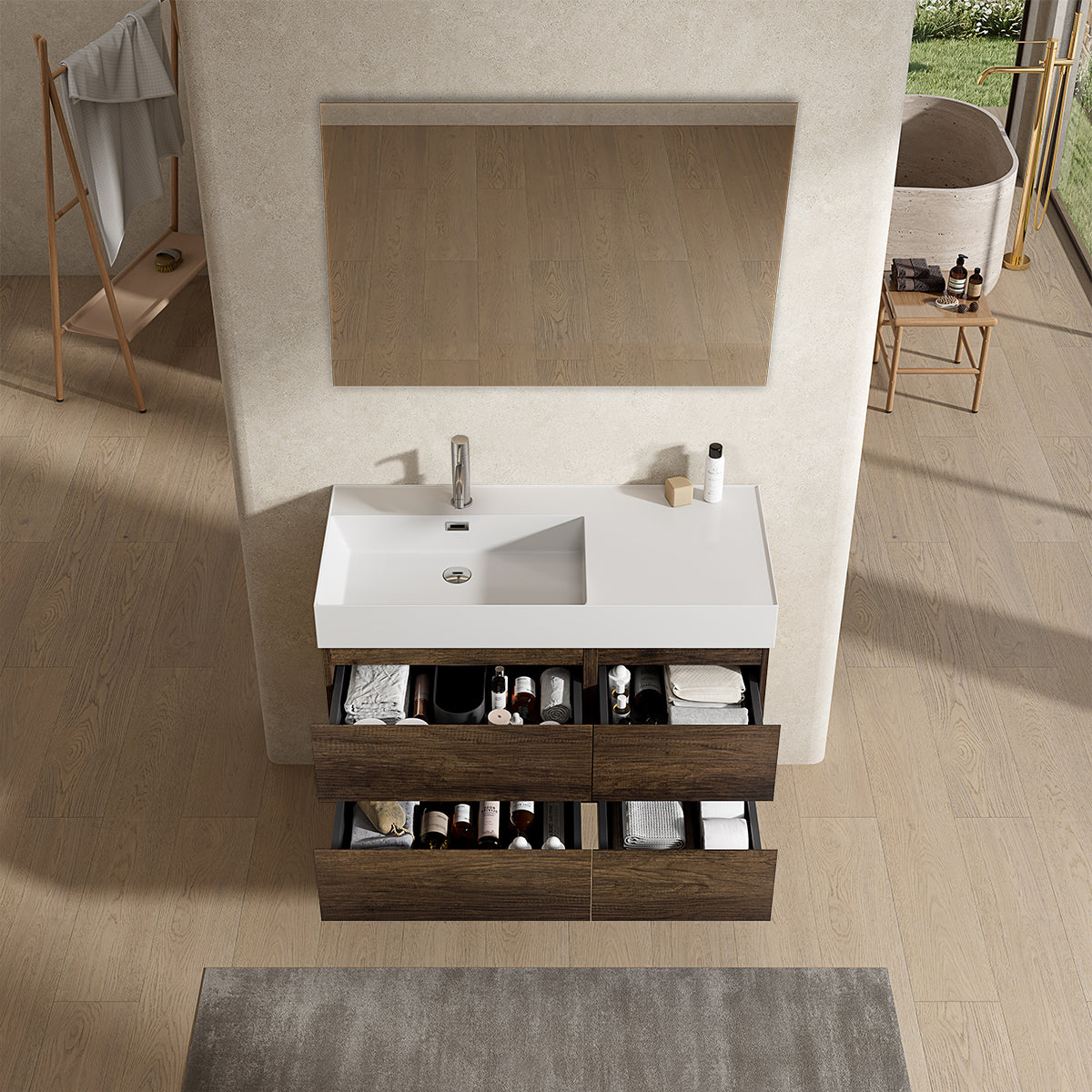 Mobile bagno sospeso 100 cm Bruno Scuro Lavabo a Sinistra in Resina Specchio Quadro - Fiji Wood