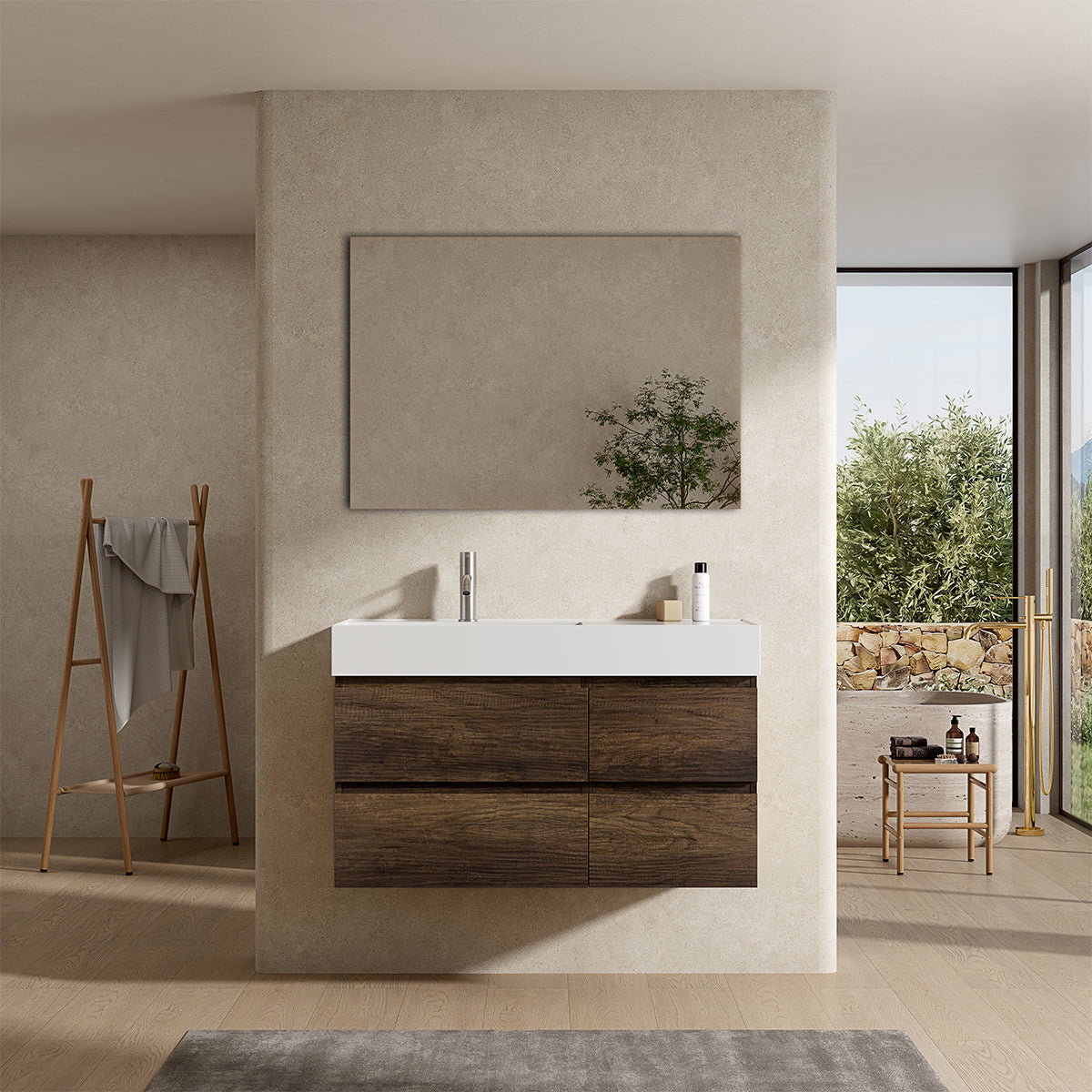 Mobile bagno sospeso 100 cm Bruno Scuro Lavabo a Sinistra in Resina Specchio Quadro - Fiji Wood