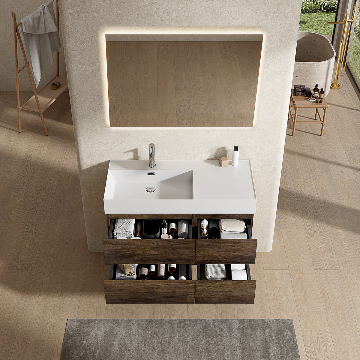 Mobile bagno sospeso 100 cm Bruno Scuro Lavabo a Sinistra in Resina Specchio Quadro Retroilluminato - Fiji Wood