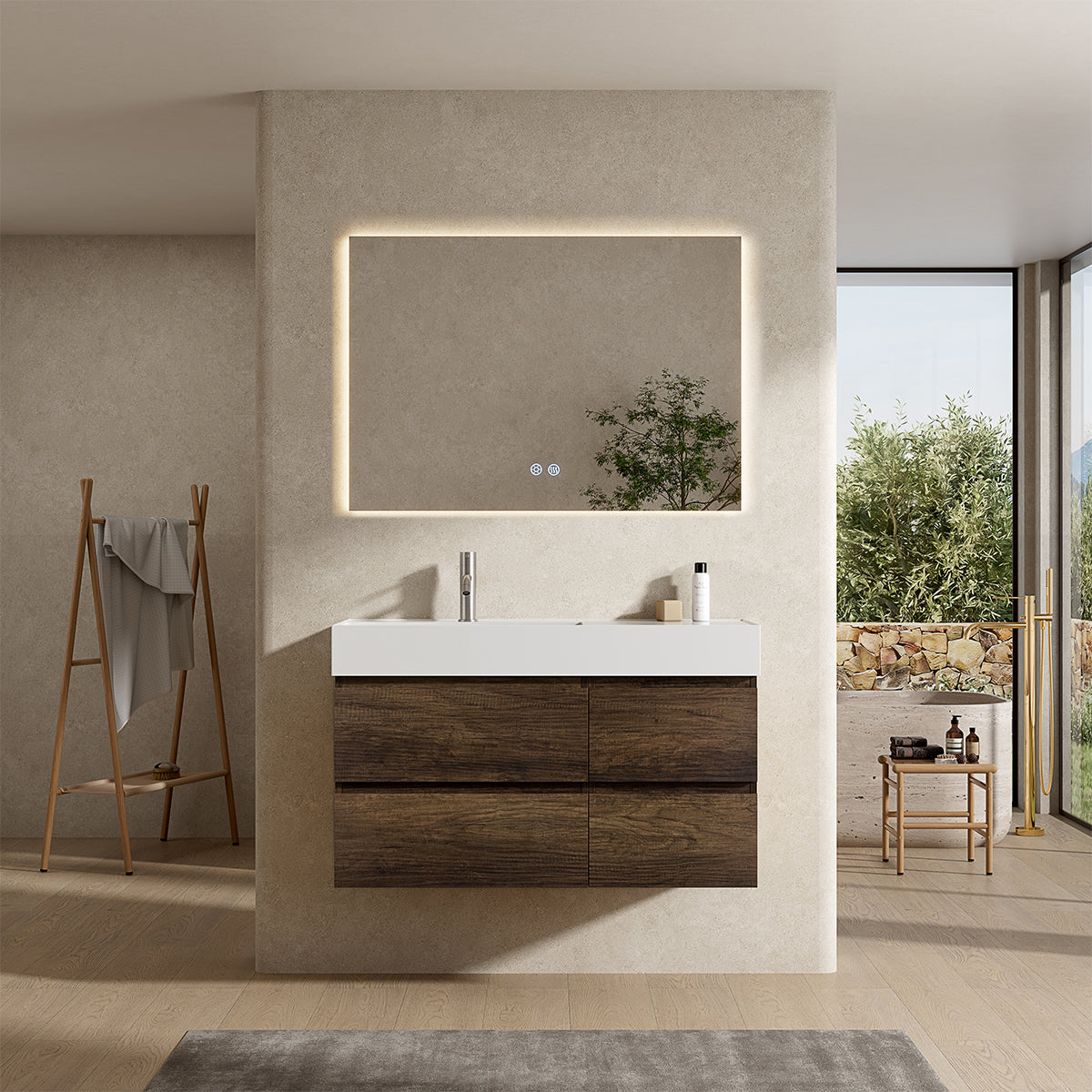 Mobile bagno sospeso 100 cm Bruno Scuro Lavabo a Sinistra in Resina Specchio Quadro Retroilluminato - Fiji Wood