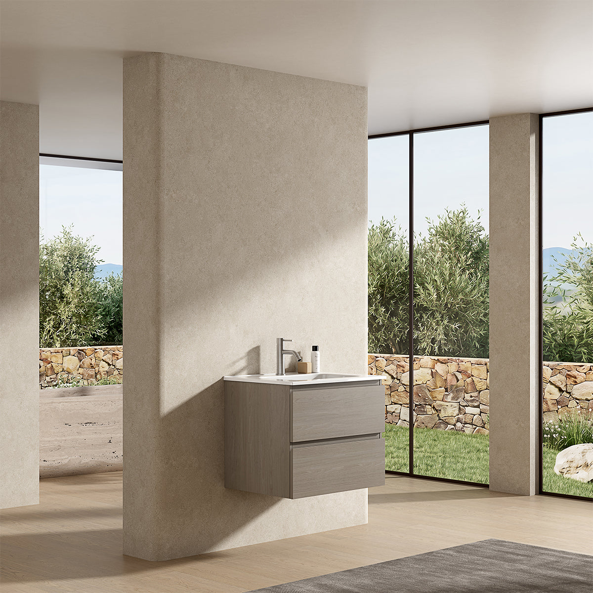 Mobile bagno sospeso 60 cm Beige Lavabo in Ceramica Senza Specchio - Fiji Wood