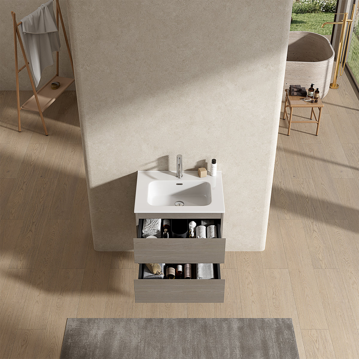 Mobile bagno sospeso 60 cm Beige Lavabo in Ceramica Senza Specchio - Fiji Wood