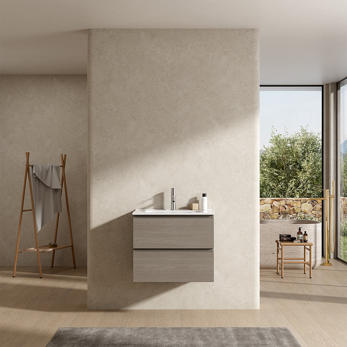 Mobile bagno sospeso 60 cm Beige Lavabo in Ceramica Senza Specchio - Fiji Wood
