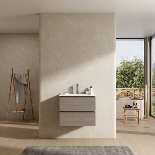 Mobile bagno sospeso 60 cm Beige Lavabo in Ceramica Senza Specchio - Fiji Wood