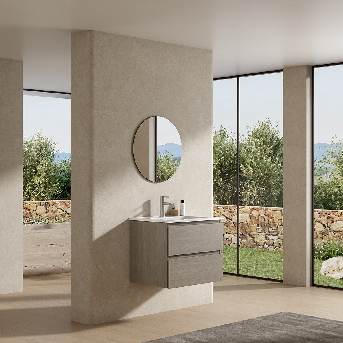 Mobile bagno sospeso 60 cm Beige Lavabo in Ceramica Specchio Tondo - Fiji Wood