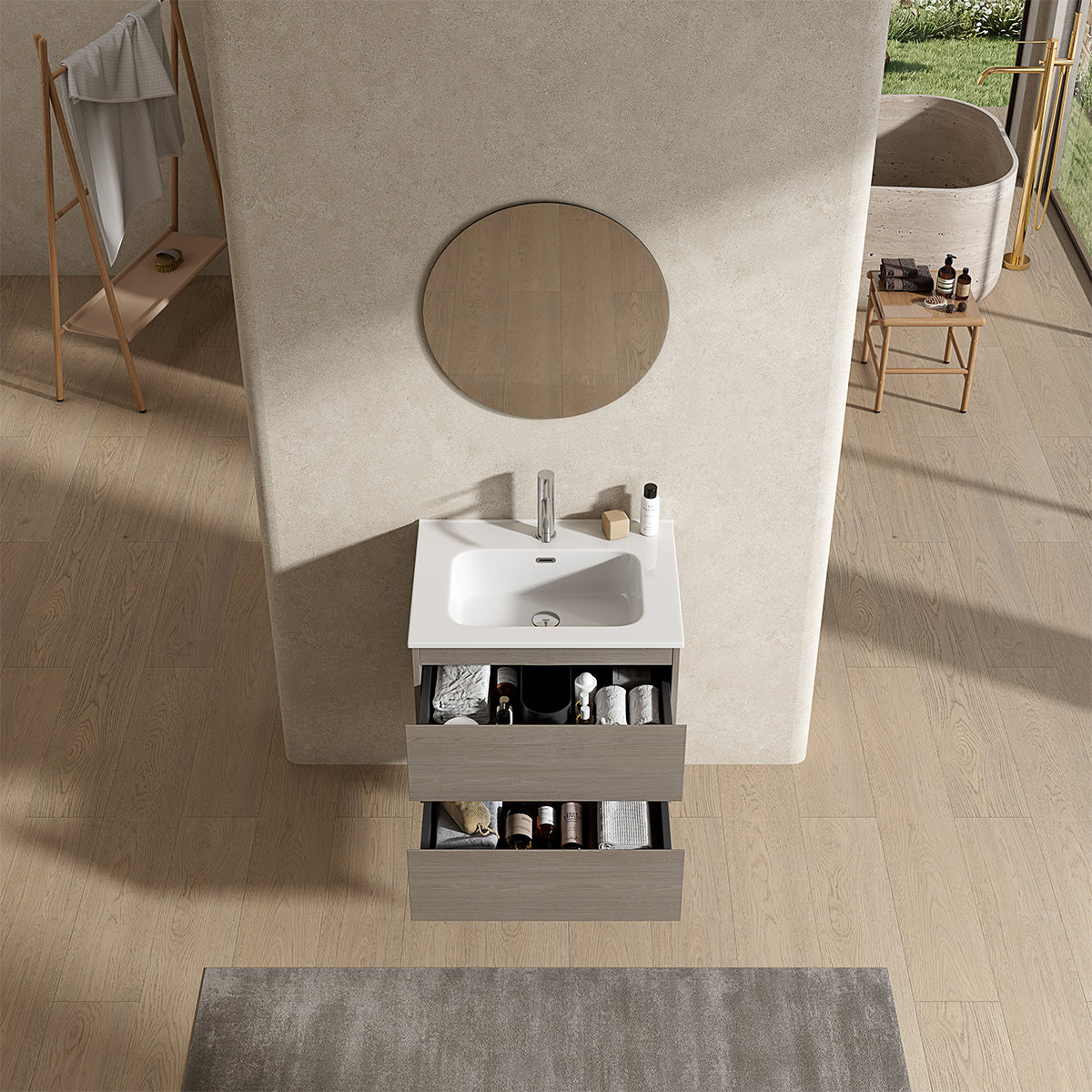 Mobile bagno sospeso 60 cm Beige Lavabo in Ceramica Specchio Tondo - Fiji Wood