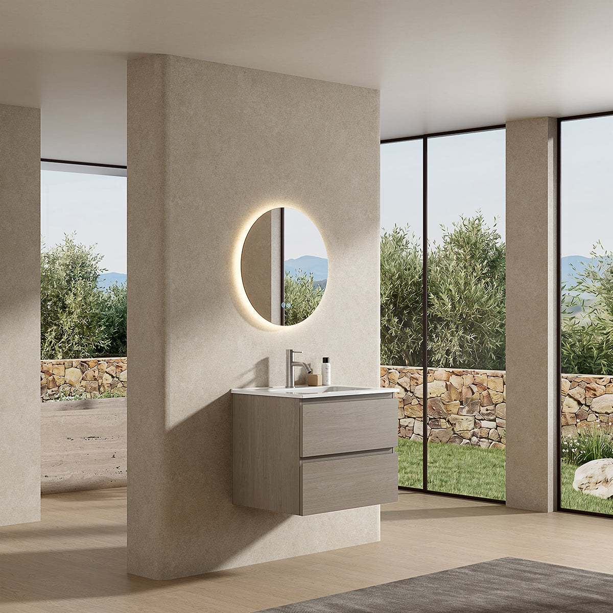 Mobile bagno sospeso 60 cm Beige Lavabo in Ceramica Specchio Tondo Retroilluminato - Fiji Wood