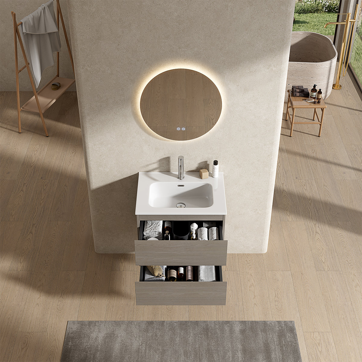 Mobile bagno sospeso 60 cm Beige Lavabo in Ceramica Specchio Tondo Retroilluminato - Fiji Wood