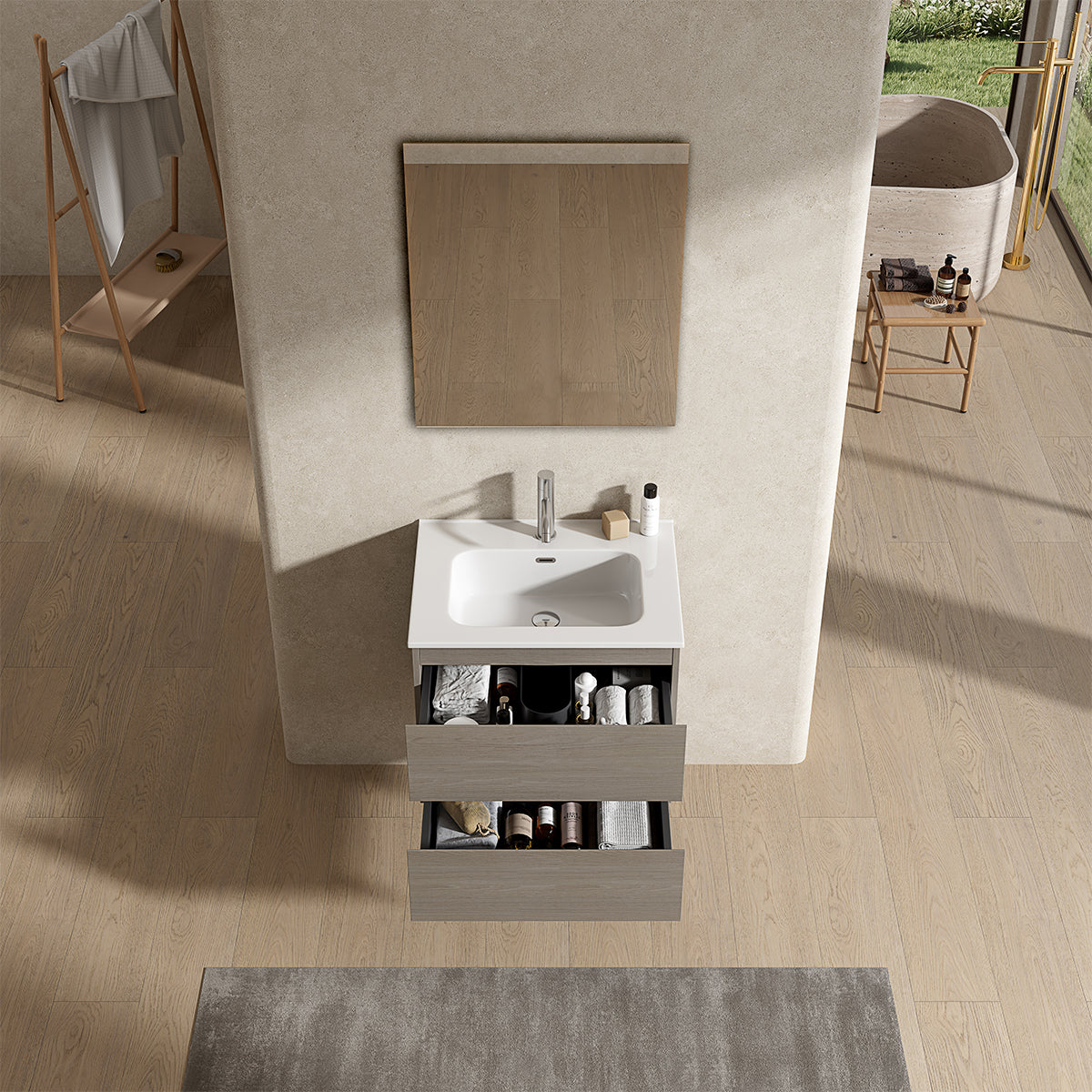 Mobile bagno sospeso 60 cm Beige Lavabo in Ceramica Specchio Quadro - Fiji Wood