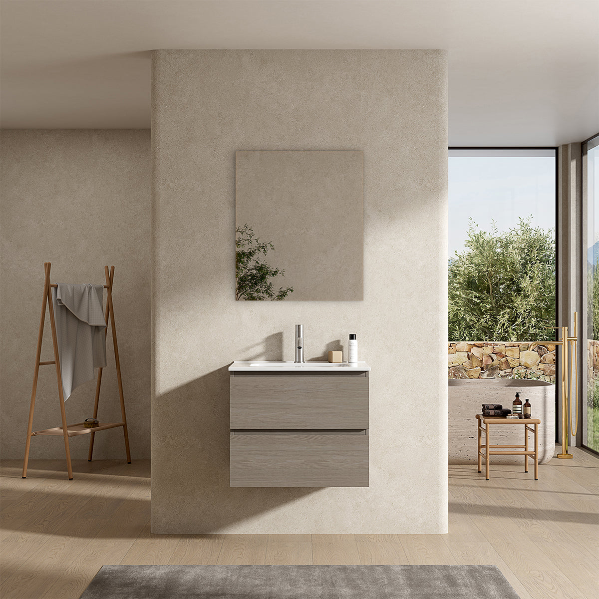Mobile bagno sospeso 60 cm Beige Lavabo in Ceramica Specchio Quadro - Fiji Wood