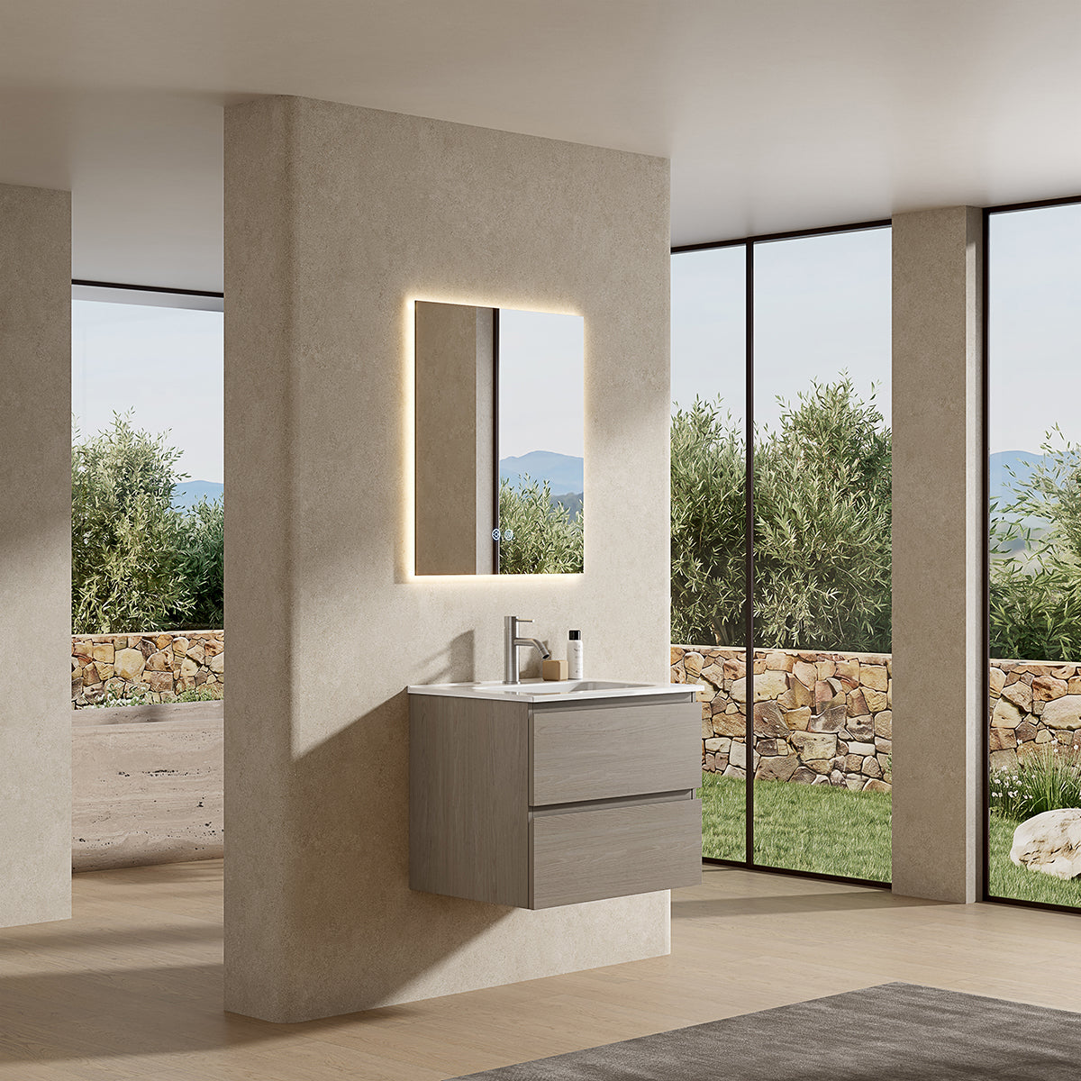 Mobile bagno sospeso 60 cm Beige Lavabo in Ceramica Specchio Quadro Retroilluminato - Fiji Wood