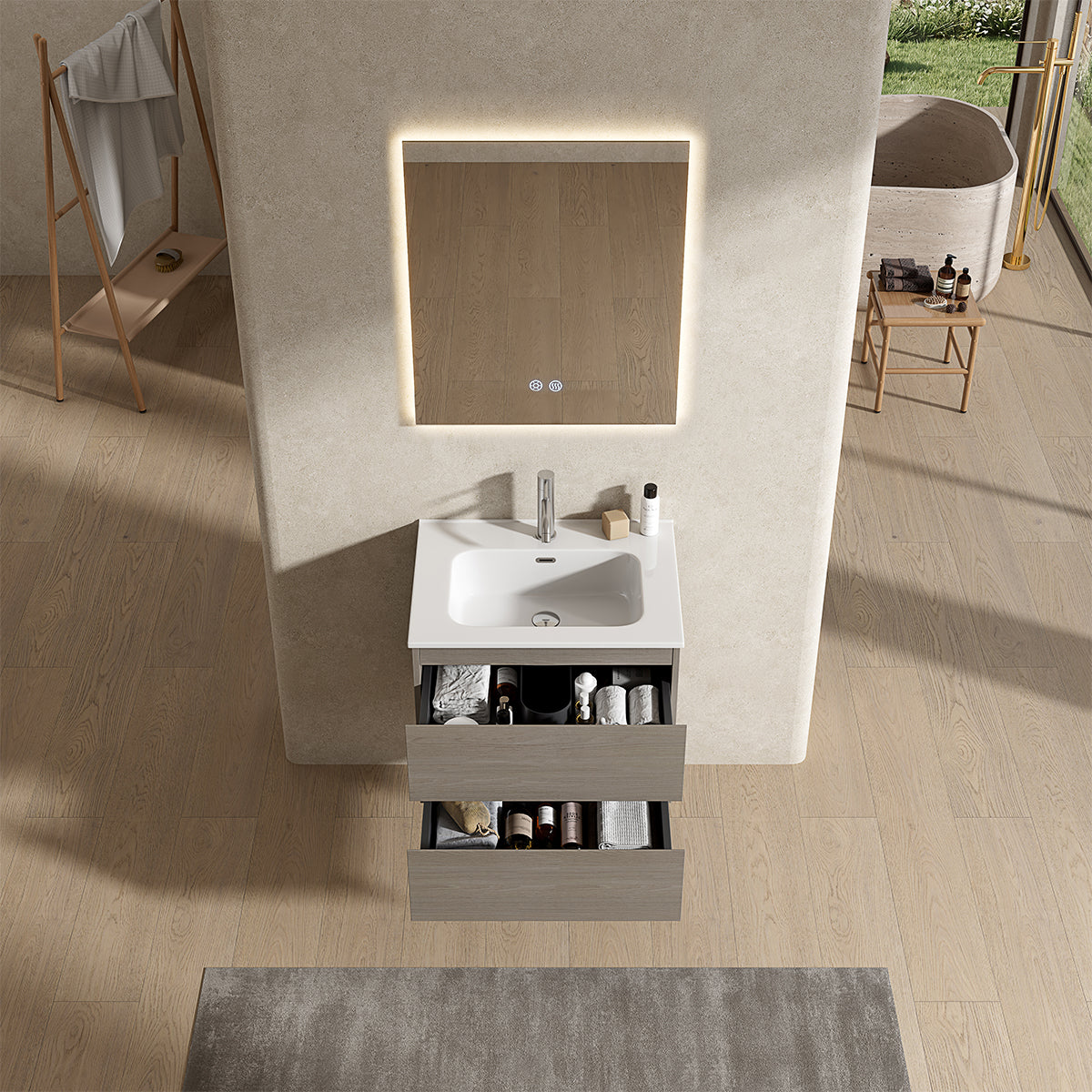 Mobile bagno sospeso 60 cm Beige Lavabo in Ceramica Specchio Quadro Retroilluminato - Fiji Wood