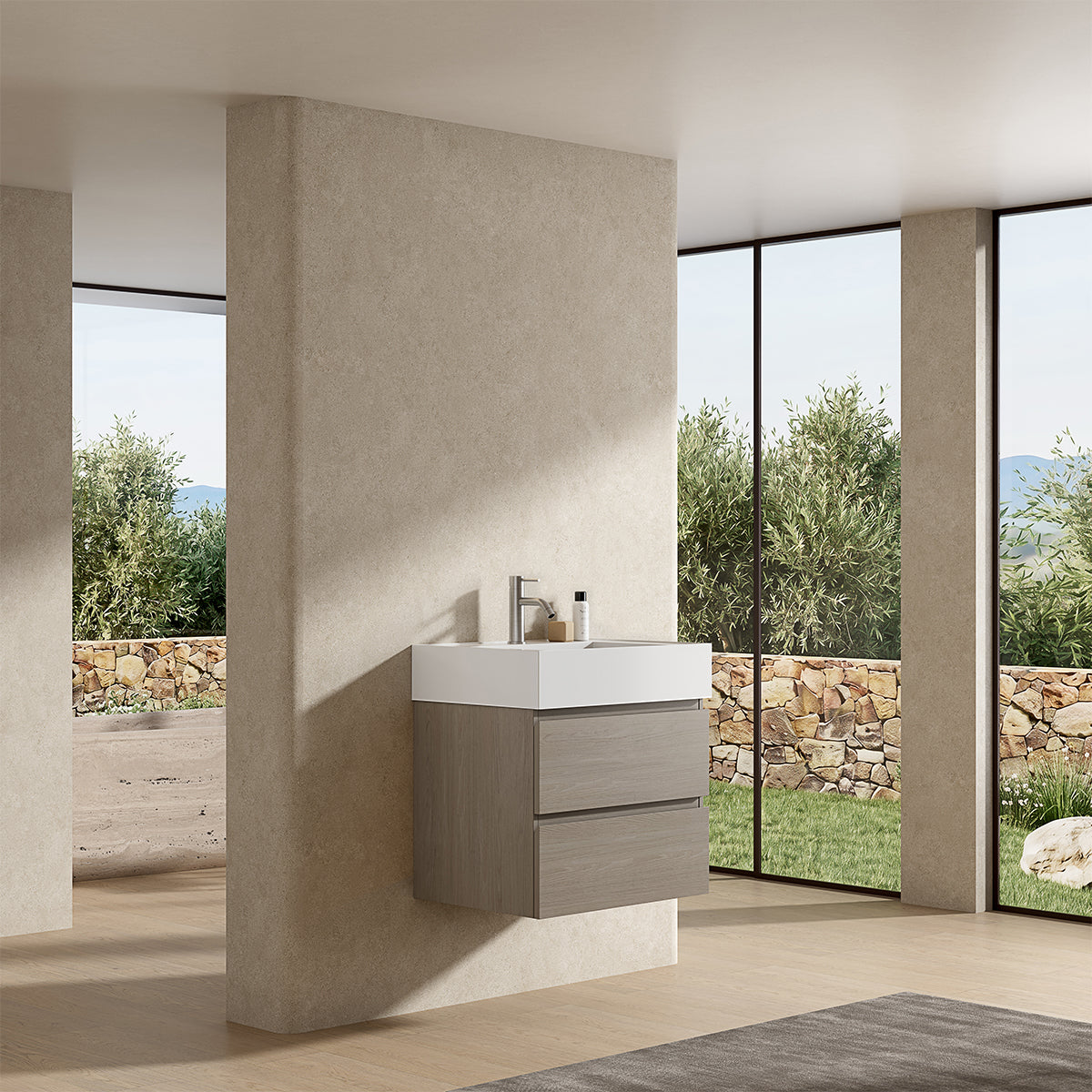 Mobile bagno sospeso 60 cm Beige Lavabo in Resina Senza Specchio - Fiji Wood
