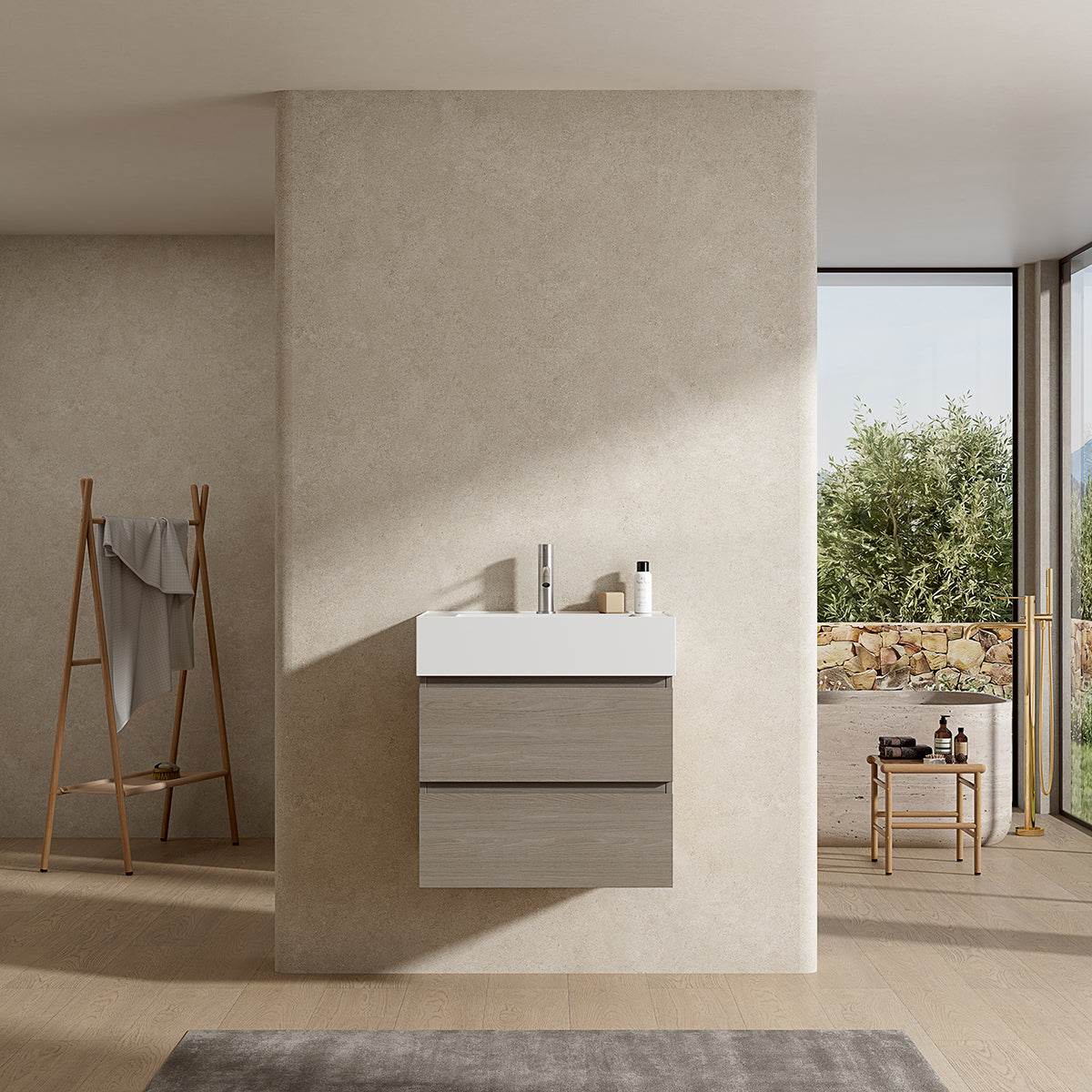 Mobile bagno sospeso 60 cm Beige Lavabo in Resina Senza Specchio - Fiji Wood