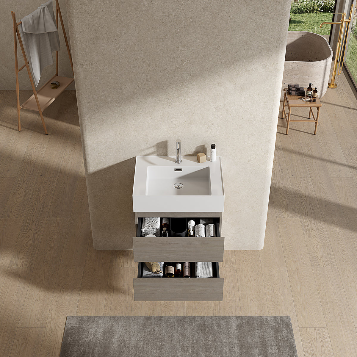 Mobile bagno sospeso 60 cm Beige Lavabo in Resina Senza Specchio - Fiji Wood