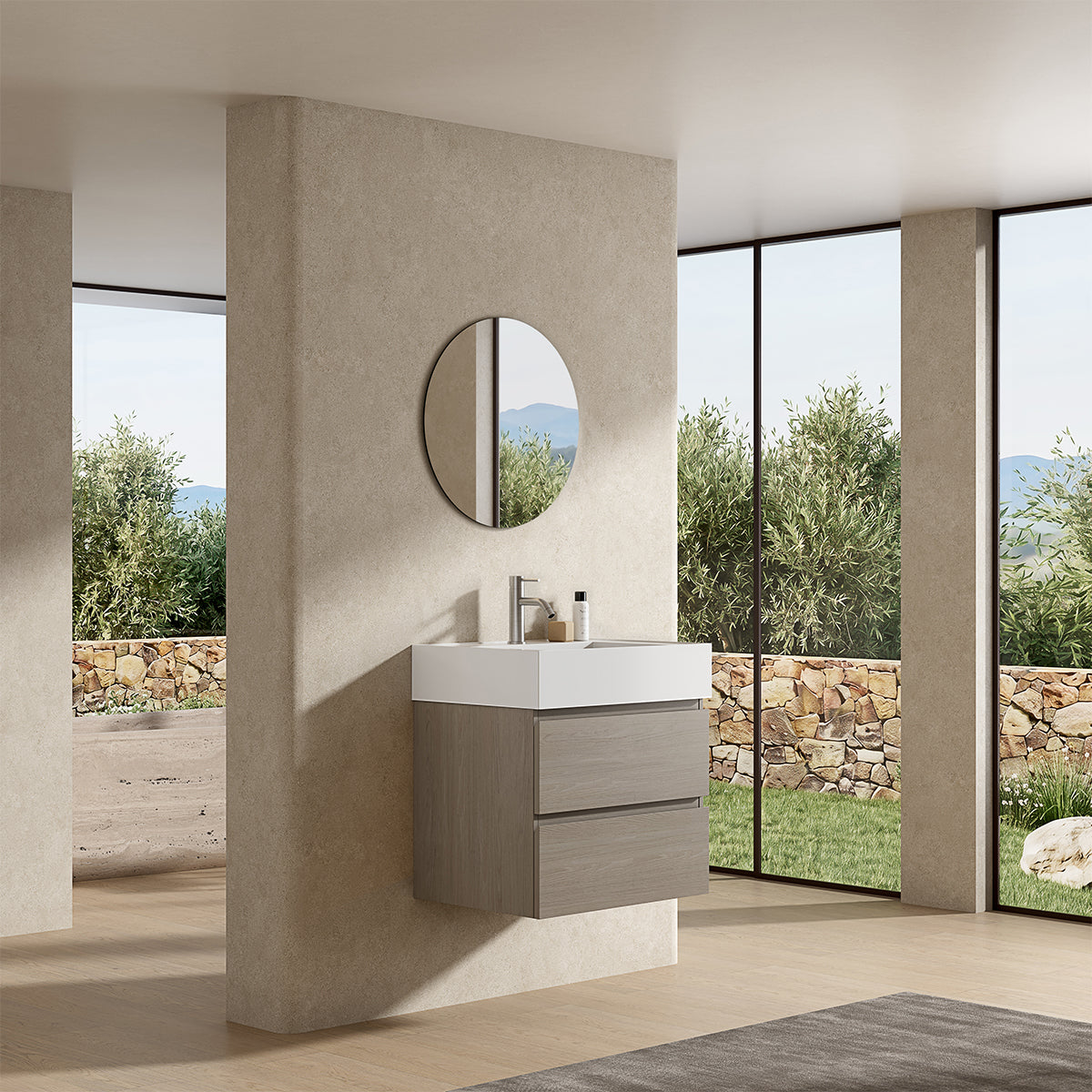 Mobile bagno sospeso 60 cm Beige Lavabo in Resina Specchio Tondo - Fiji Wood
