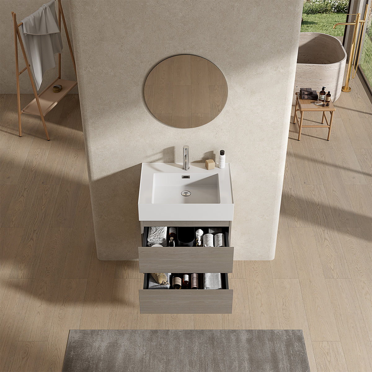 Mobile bagno sospeso 60 cm Beige Lavabo in Resina Specchio Tondo - Fiji Wood