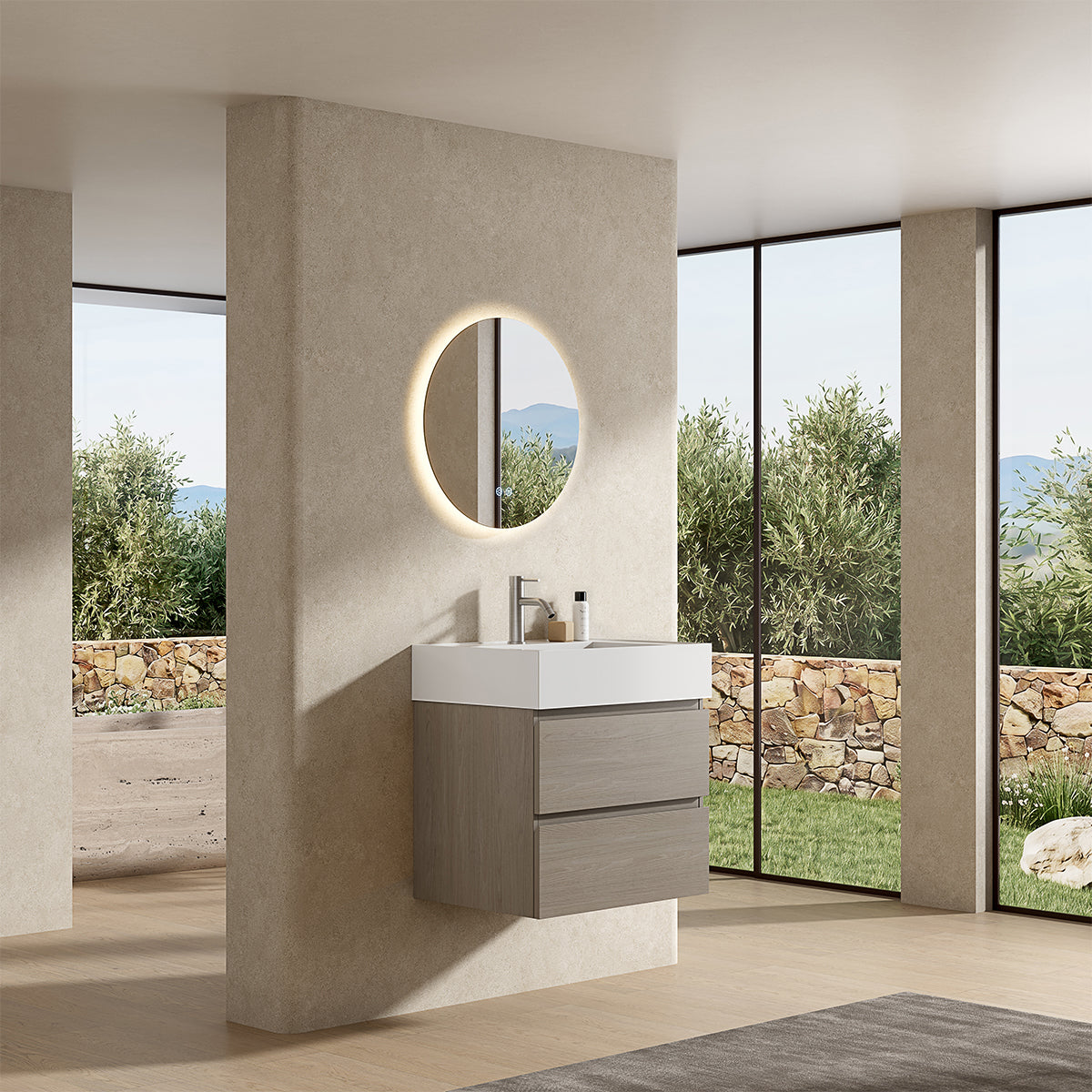 Mobile bagno sospeso 60 cm Beige Lavabo in Resina Specchio Tondo Retroilluminato - Fiji Wood