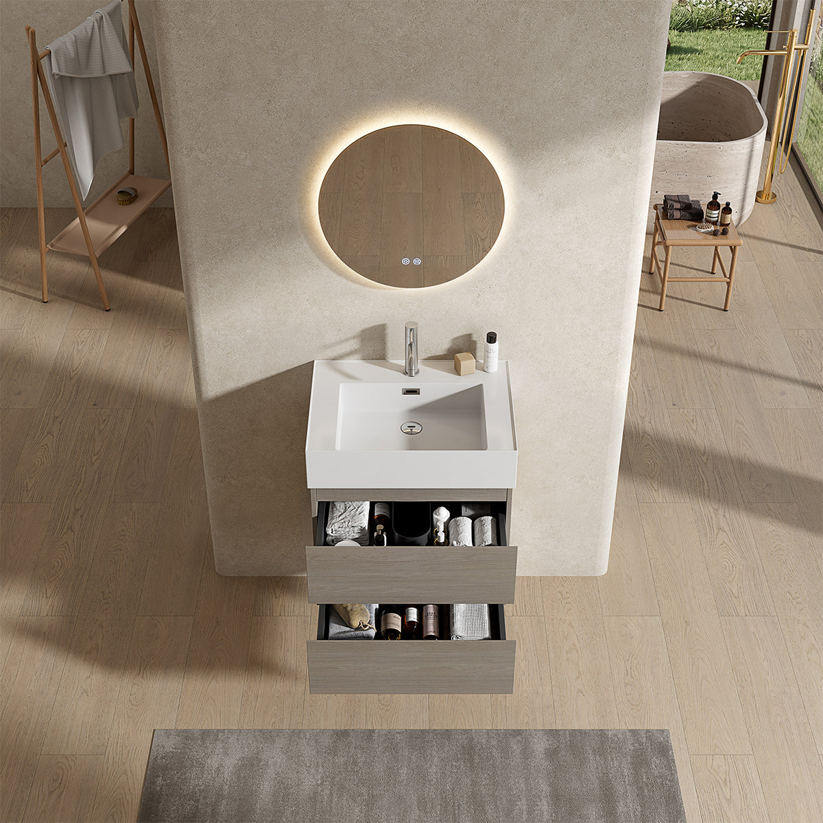 Mobile bagno sospeso 60 cm Beige Lavabo in Resina Specchio Tondo Retroilluminato - Fiji Wood